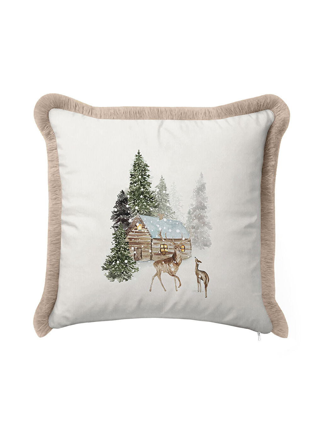 Karışık Kış Manzaralı Saçaklı Yastık Kılıfı - Rustik Doğa Temalı Bej Püsküllü Kırlent Kılıfı