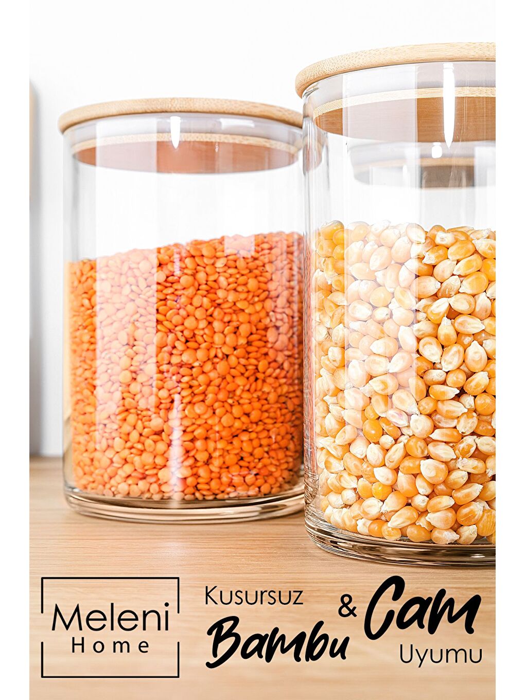 Renksiz 9'lu Bambu Kapak Cam Saklama Kabı Etiketli Vakum Kapaklı Bakliyat Erzak Cam Kavanoz Seti 1050 ml-5