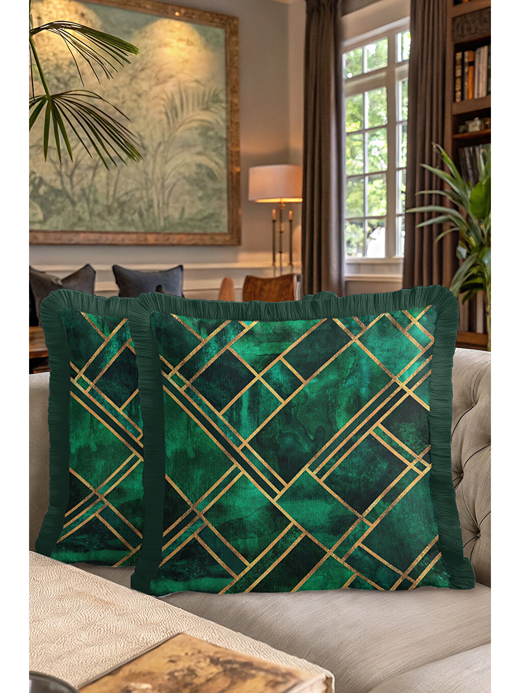 Karışık Geometrik Altın Çizgili Saçaklı Yastık Kılıfı - Lüks Art Deco Zümrüt Yeşili Püsküllü Kırlent Kılıfı-7