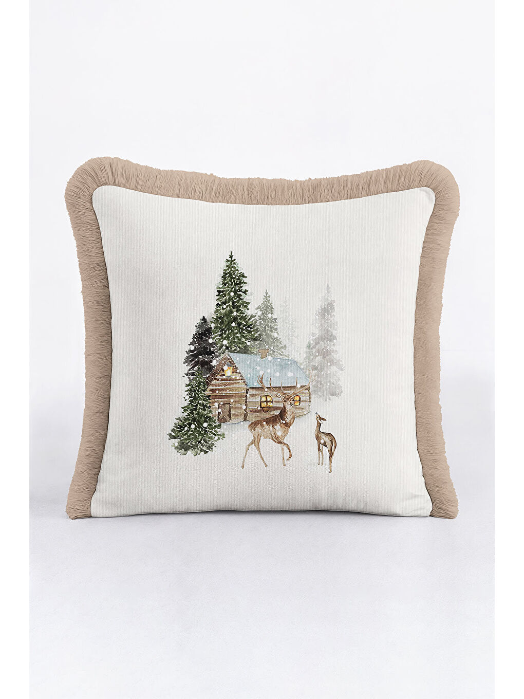 Karışık Kış Manzaralı Saçaklı Yastık Kılıfı - Rustik Doğa Temalı Bej Püsküllü Kırlent Kılıfı-1