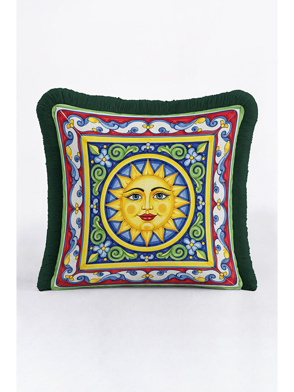 Karışık Akdeniz Stil Güneş Motifli Saçaklı Yastık Kılıfı - Renkli Bohem Sarı Yeşil Püsküllü Kırlent Kılıfı-2