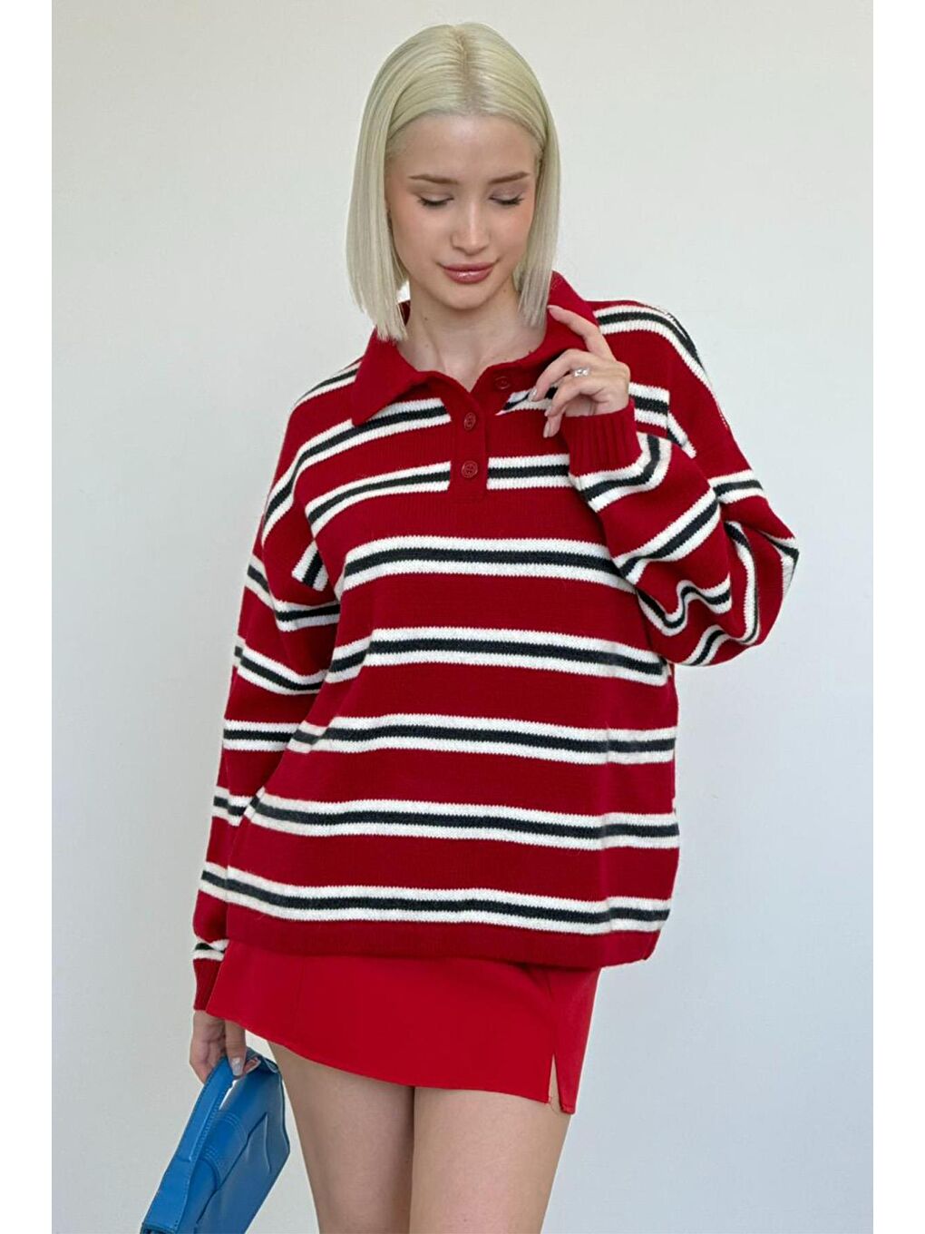 Kırmızı Polo Yaka Çizgili Kadın Triko Kazak Mg2469-7
