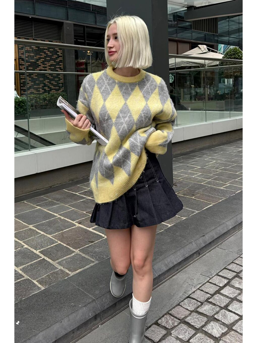 Sarı Bisiklet Yaka Şardonlu Baklava Desenli Kazak Mg2493-4