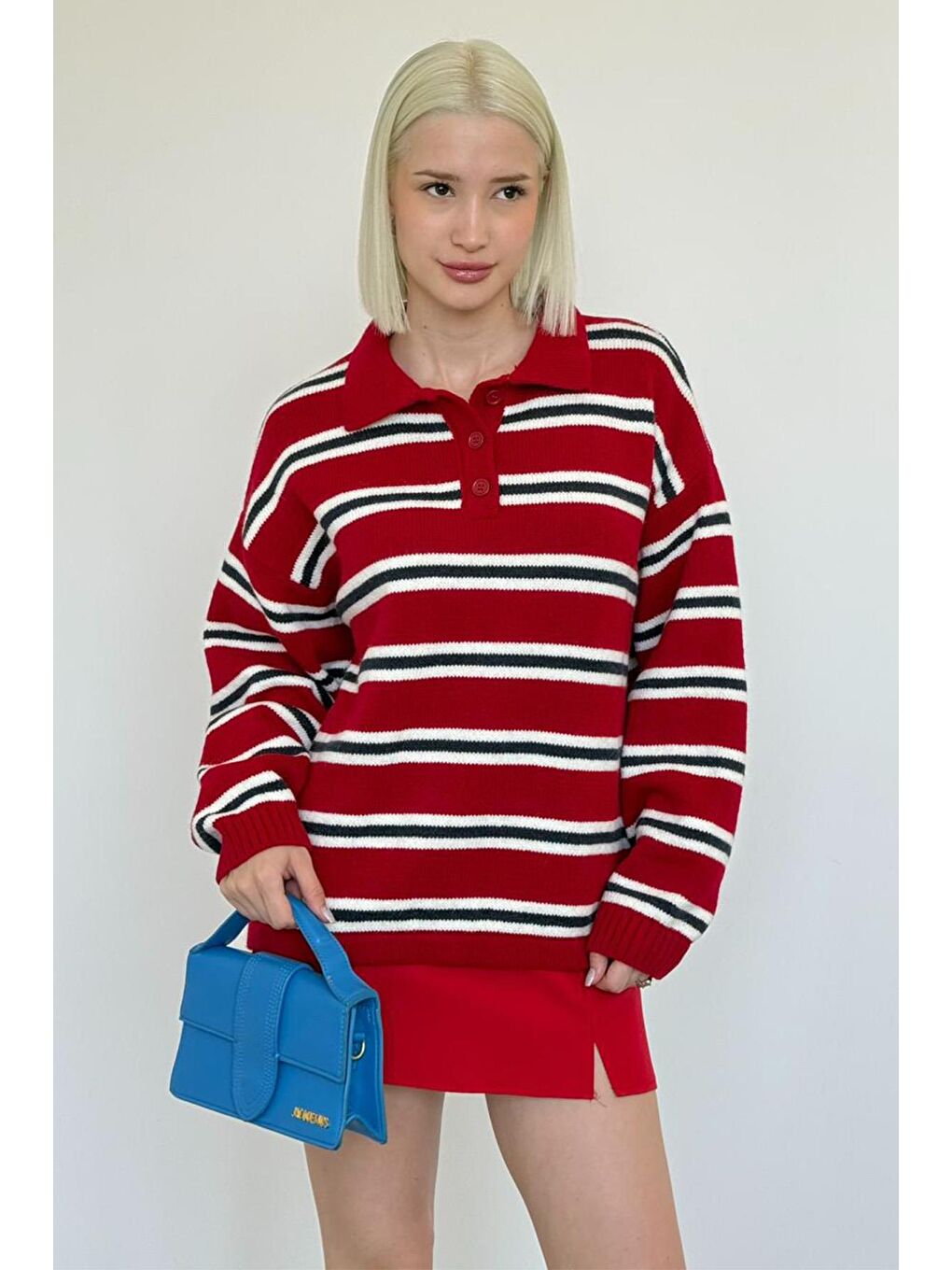 Kırmızı Polo Yaka Çizgili Kadın Triko Kazak Mg2469-8