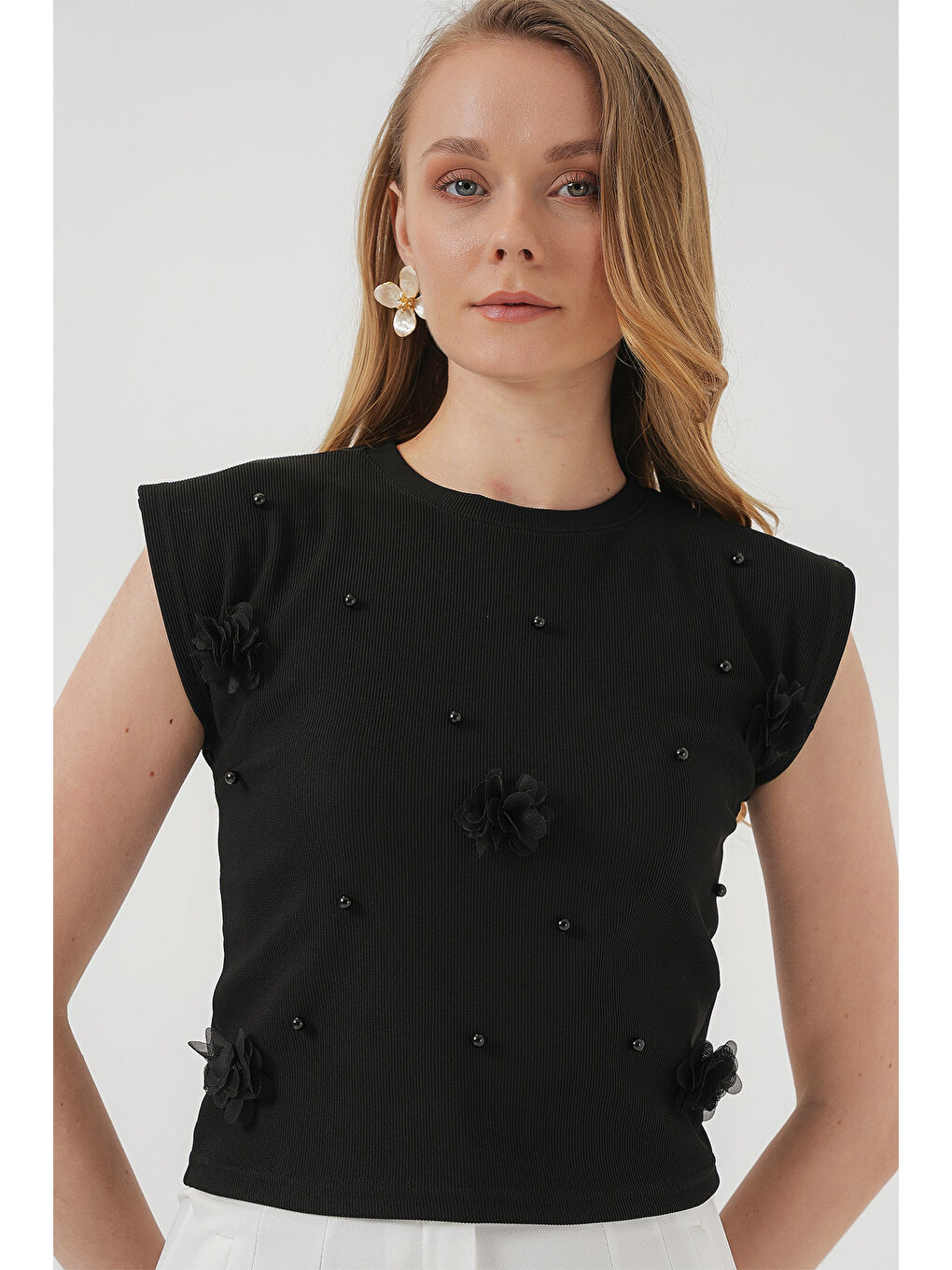 929 Kısa Kol Örme Bluz - Siyah