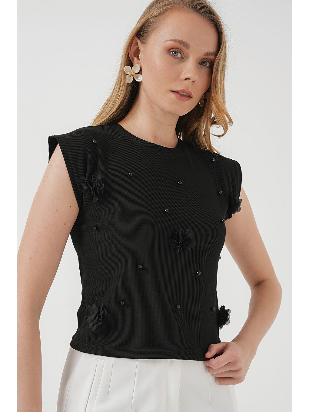 929 Kısa Kol Örme Bluz - Siyah-1