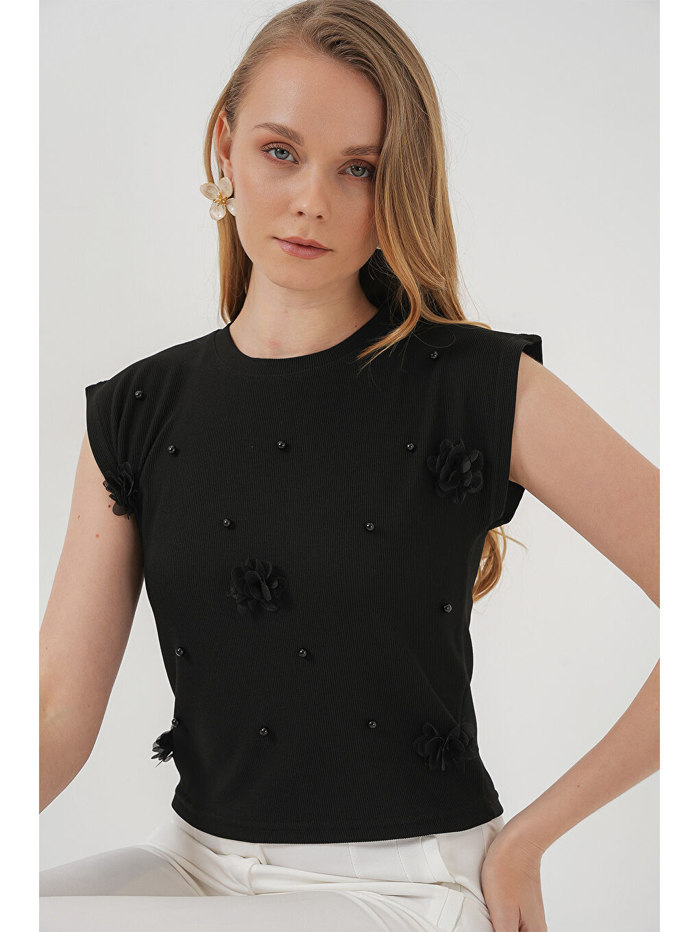 929 Kısa Kol Örme Bluz - Siyah-2