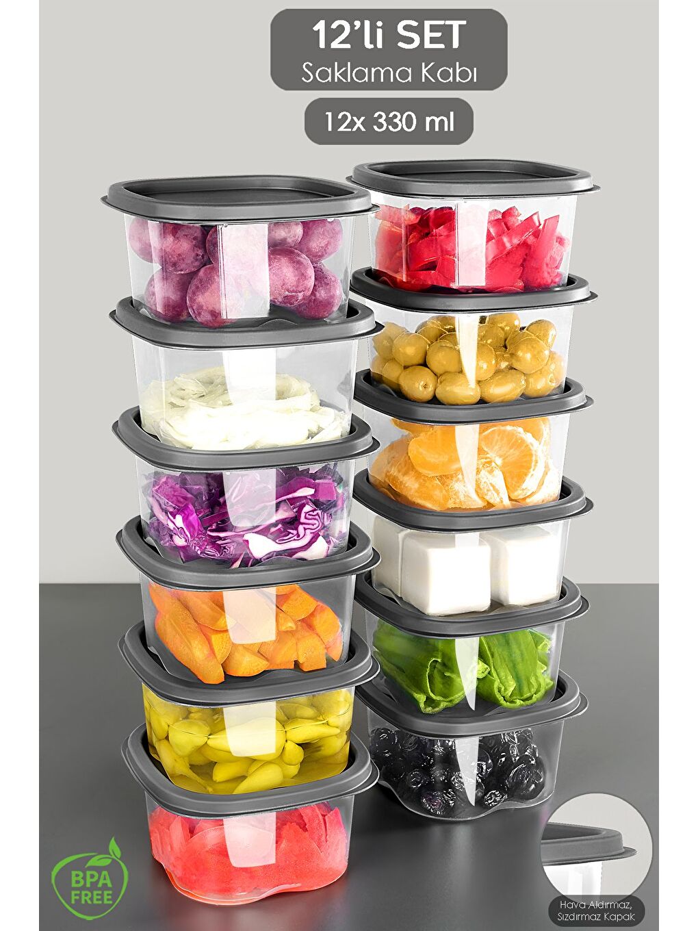 Gri 12 Adet Kare Erzak Gıda Saklama Kabı 330 ml Antrasit