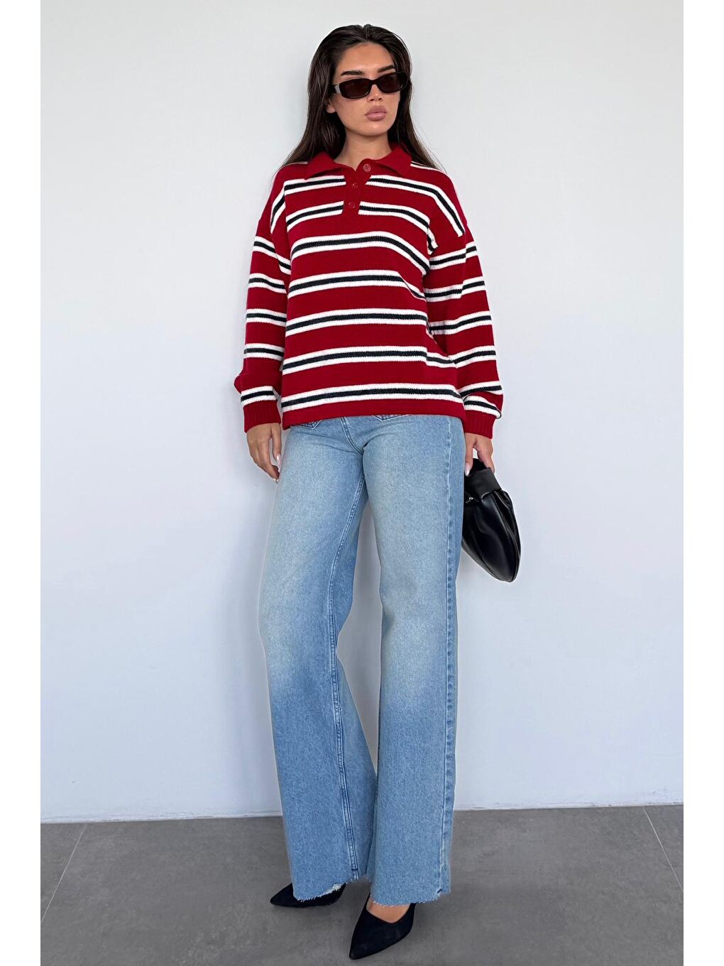 Kırmızı Polo Yaka Çizgili Kadın Triko Kazak Mg2469-9