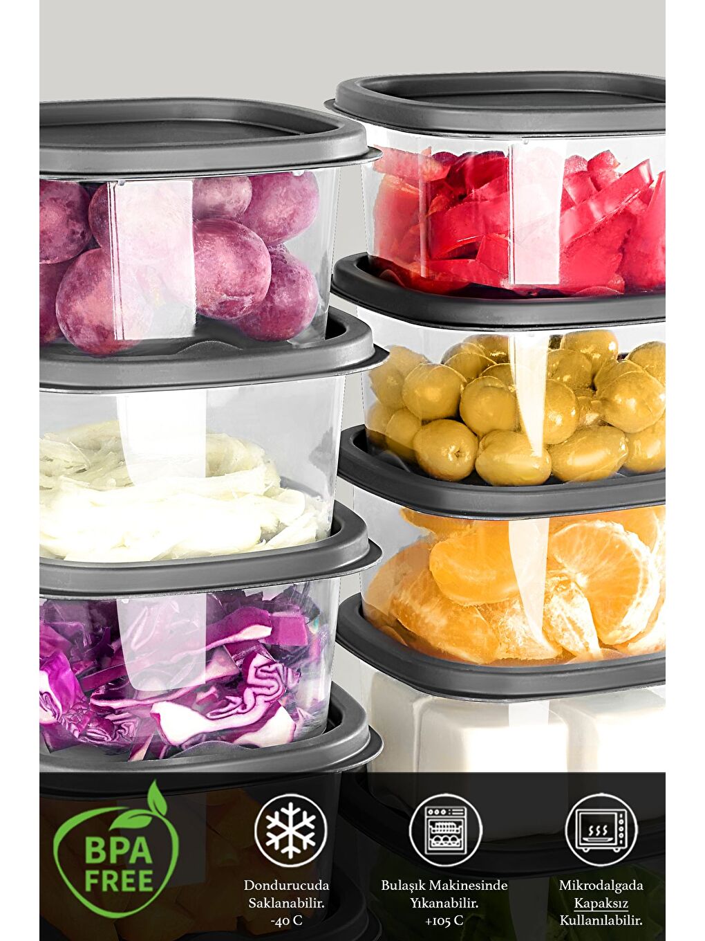 Gri 12 Adet Kare Erzak Gıda Saklama Kabı 330 ml Antrasit-1