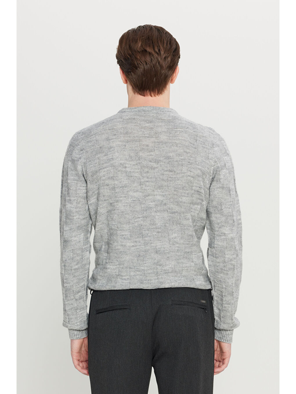 Erkek Gri Melanj Standart Fit Normal Kesim Bisiklet Yaka Jakarlı Triko Kazak-4