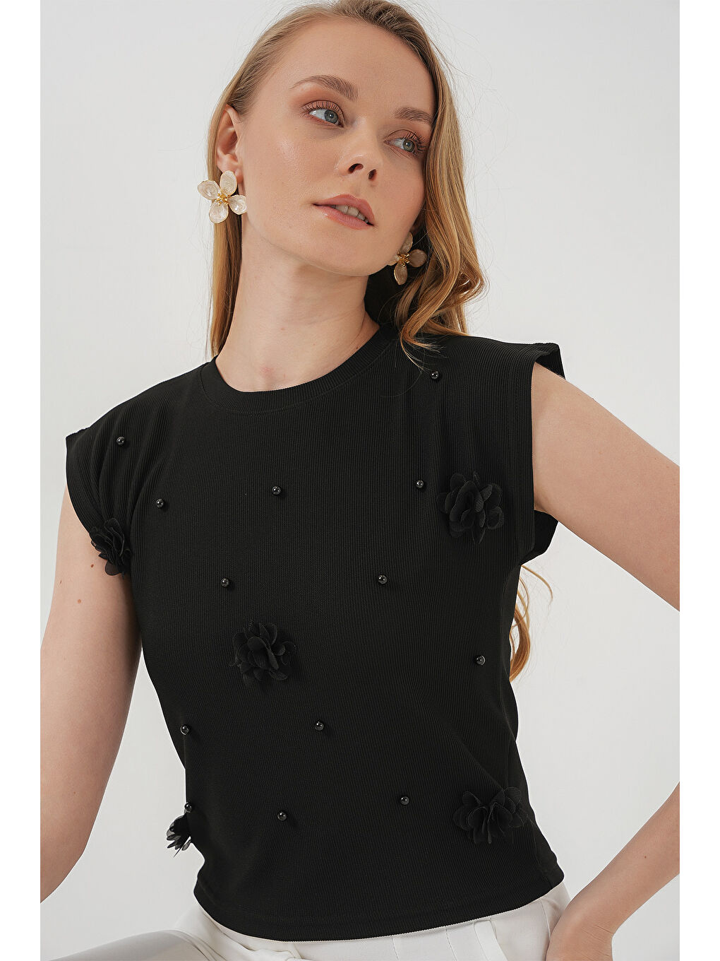 929 Kısa Kol Örme Bluz - Siyah-3