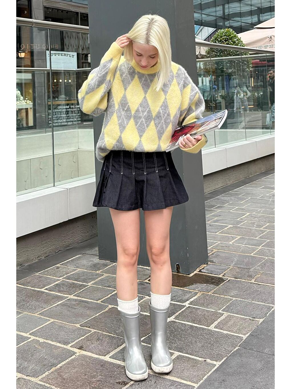 Sarı Bisiklet Yaka Şardonlu Baklava Desenli Kazak Mg2493-5