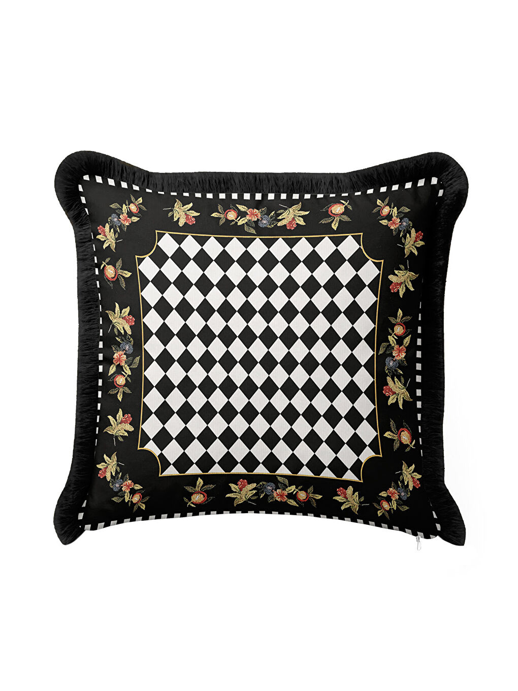 Karışık Lüks Elmas Motifli Saçaklı Yastık Kılıfı - Çiçek Bordürlü Klasik Glam Siyah Püsküllü Kırlent Kılıfı-4