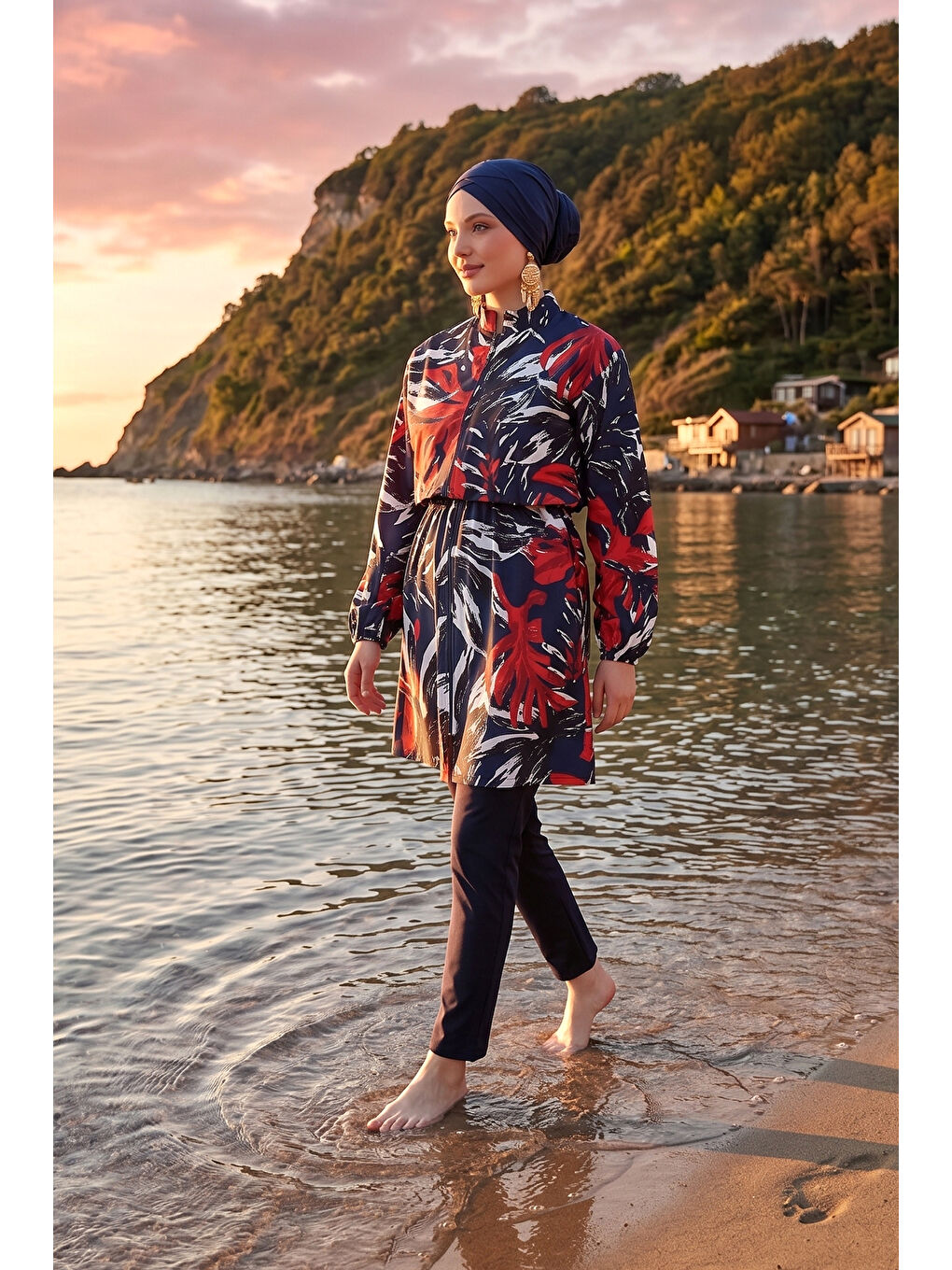 Beyaz Desenli Tam Kapalı Tesettür Mayo 01 Siyah14-1