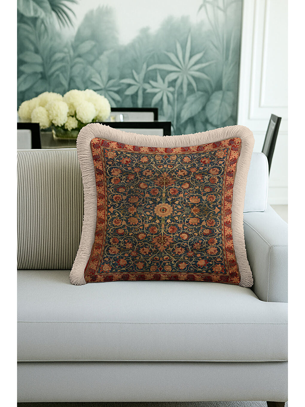 Karışık Saray Hareketli Saçaklı Yastık Kılıfı - Klasik Vintage Rustik Lacivert Gold Püsküllü Kırlent Kılıfı-4