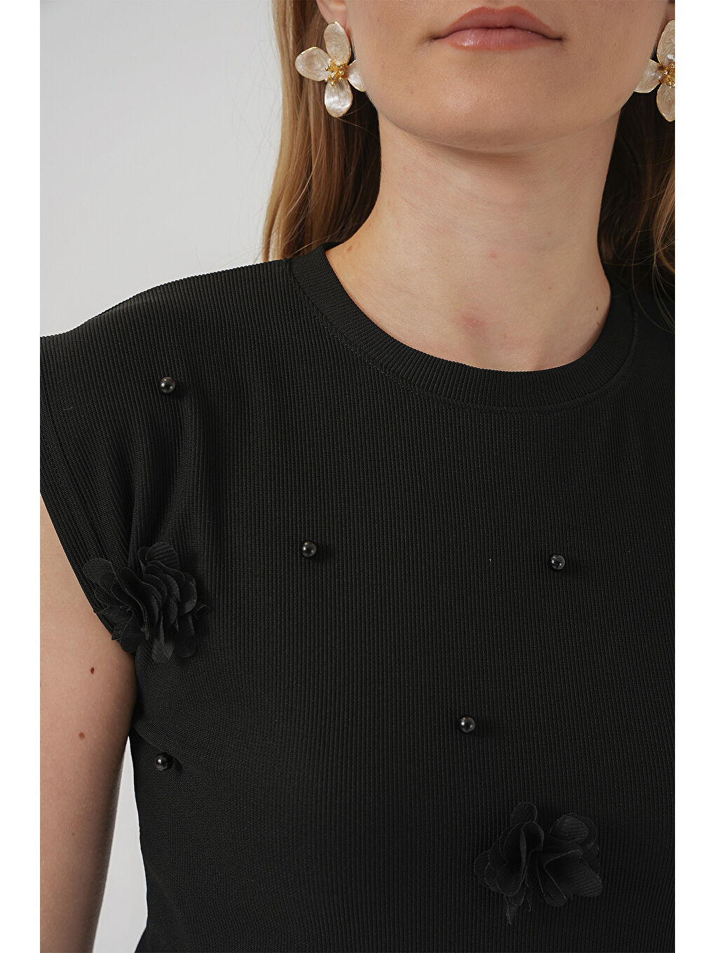 929 Kısa Kol Örme Bluz - Siyah-4