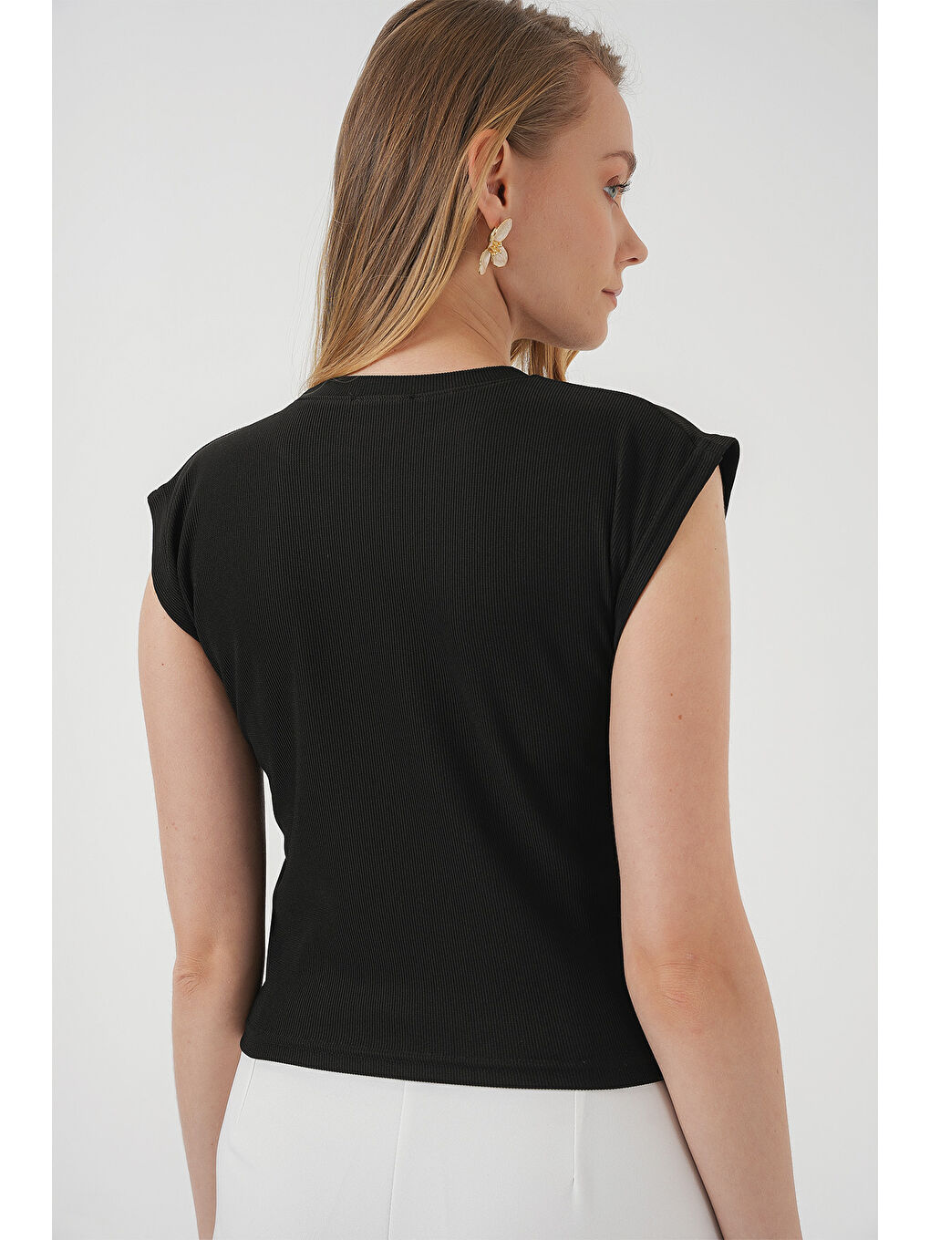 929 Kısa Kol Örme Bluz - Siyah-5