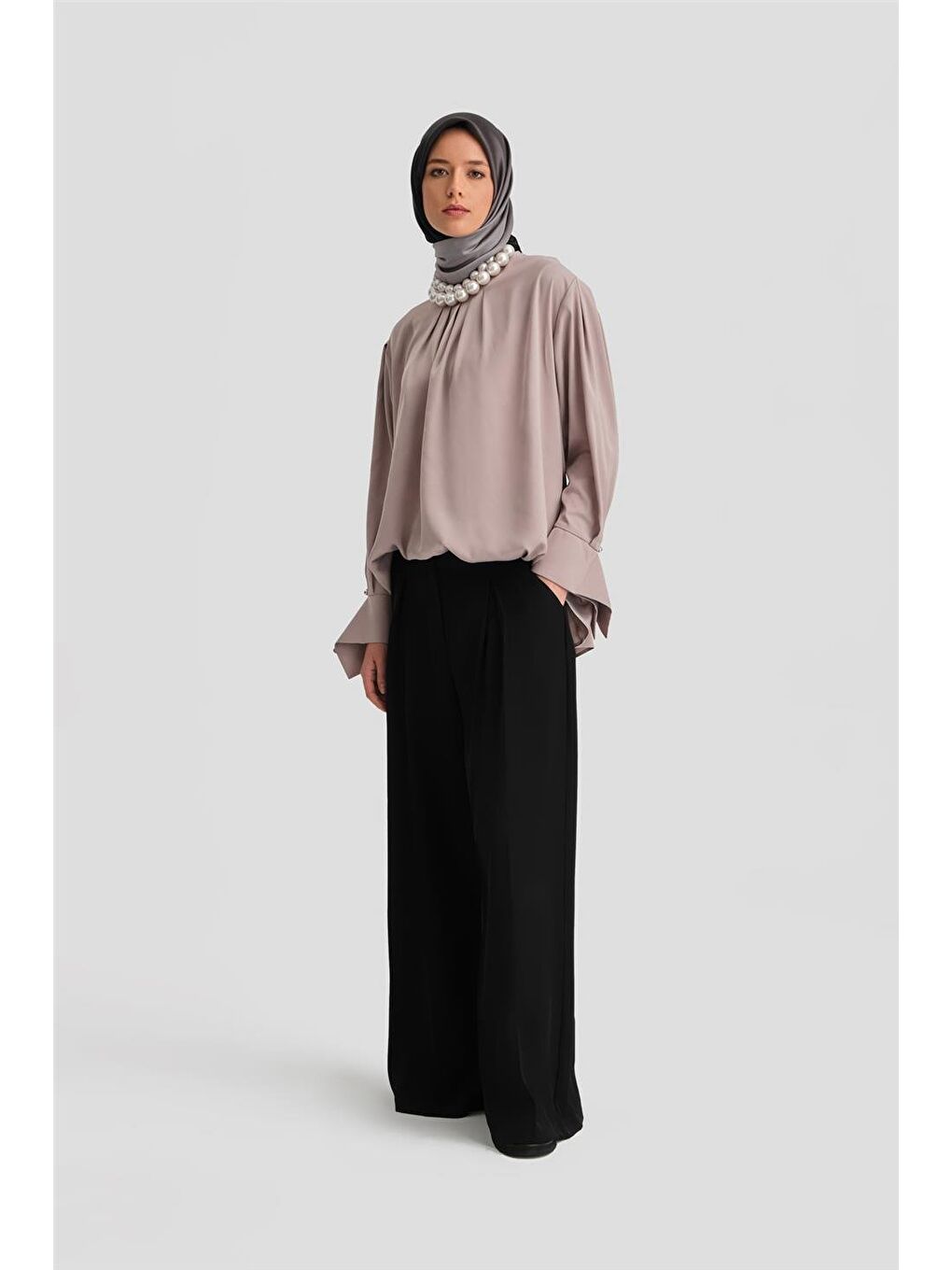 Bej Manşeti Kuşaklı Bluz 24K3612 Vizon