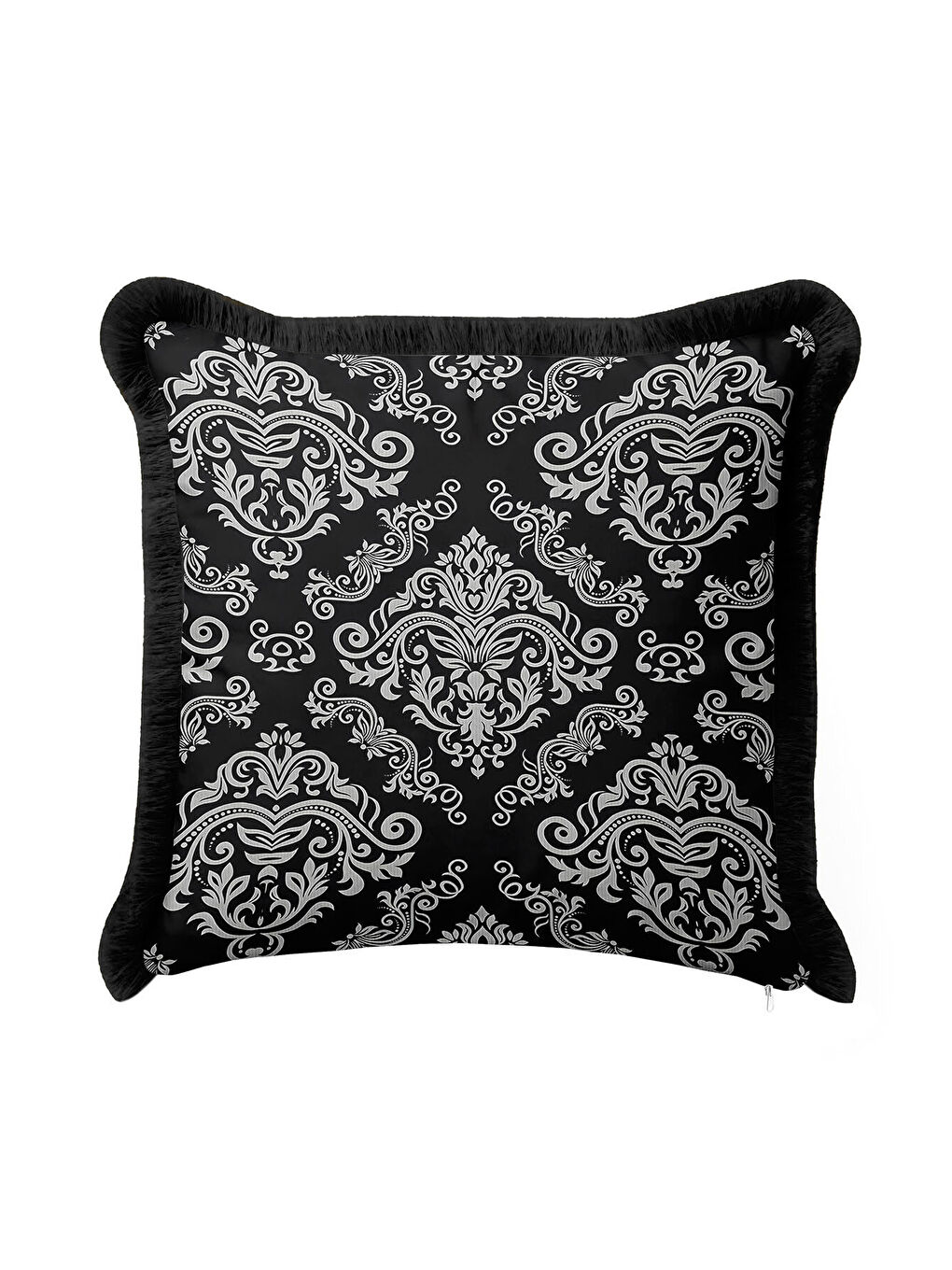 Karışık Barok Lüks Saçaklı Yastık Kılıfı - Asil Siyah Klasik Etnik Gri Püsküllü Kırlent Kılıfı-2