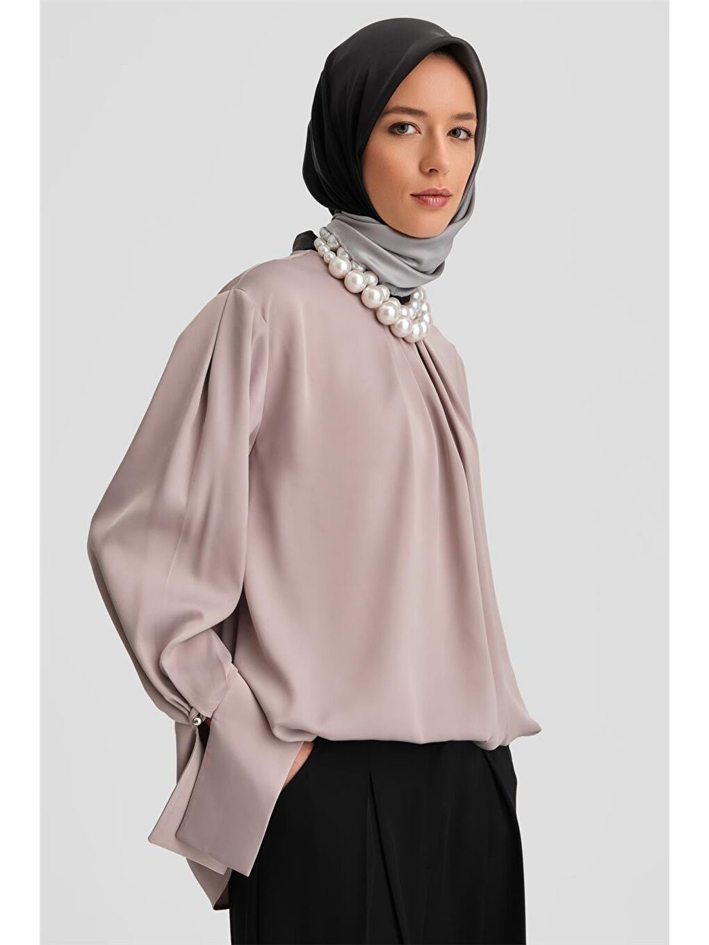 Bej Manşeti Kuşaklı Bluz 24K3612 Vizon-2