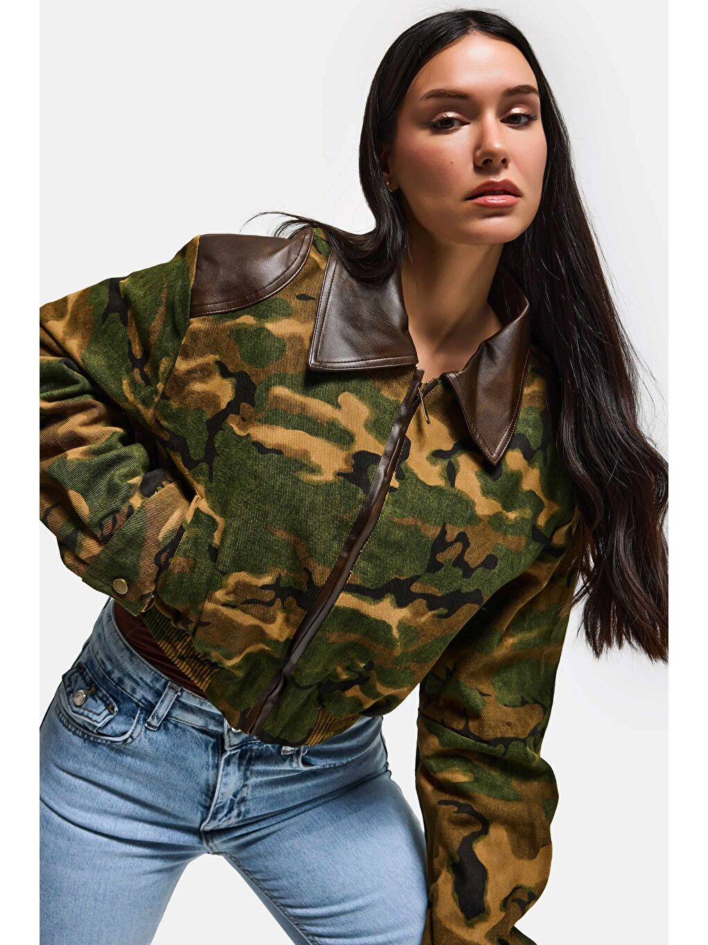 Kahverengi Kadın Kamuflaj w5 Bomber Deri Detaylı Özel Tasarım Kamuflaj Ceket-1