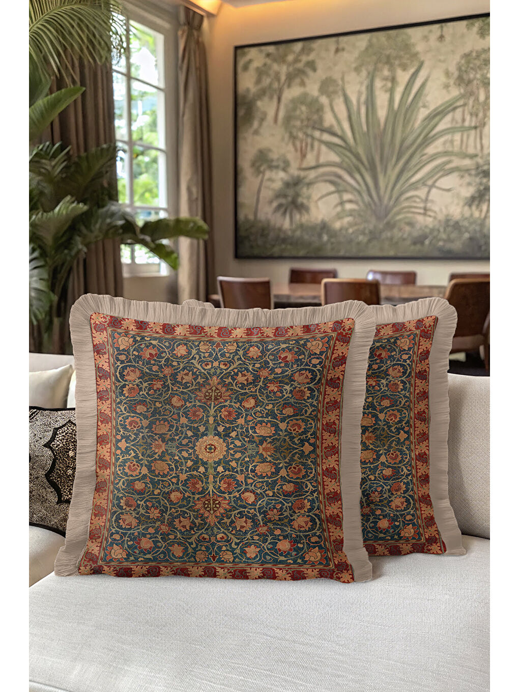 Karışık Saray Hareketli Saçaklı Yastık Kılıfı - Klasik Vintage Rustik Lacivert Gold Püsküllü Kırlent Kılıfı-5