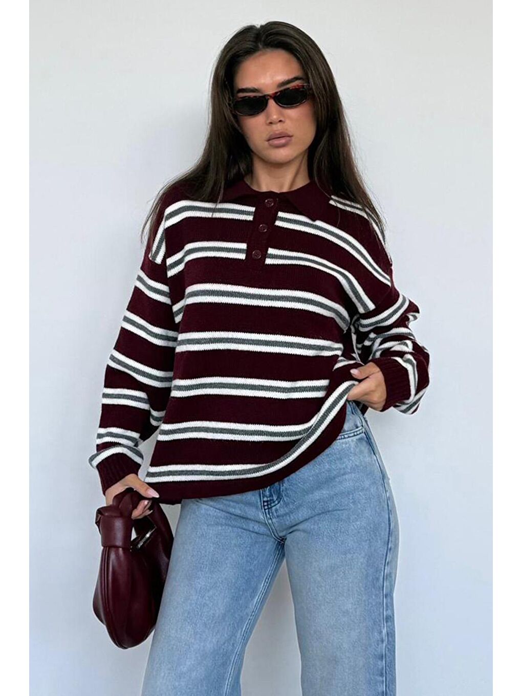 Bordo Polo Yaka Çizgili Kadın Triko Kazak Mg2469-1
