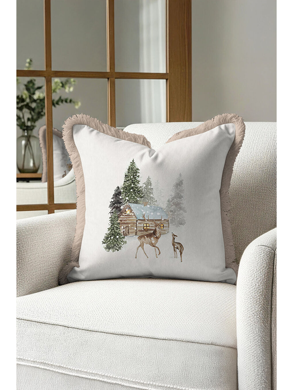 Karışık Kış Manzaralı Saçaklı Yastık Kılıfı - Rustik Doğa Temalı Bej Püsküllü Kırlent Kılıfı-2