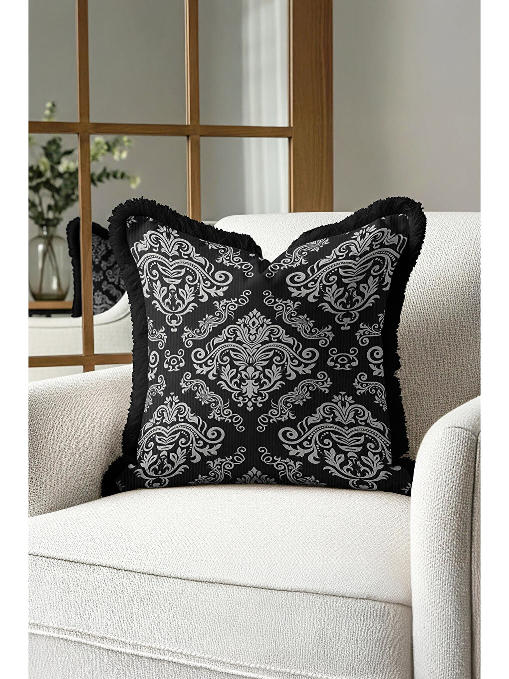 Karışık Barok Lüks Saçaklı Yastık Kılıfı - Asil Siyah Klasik Etnik Gri Püsküllü Kırlent Kılıfı-3