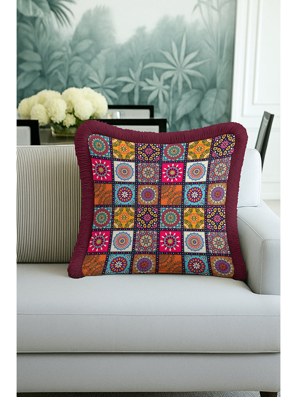 Karışık Etnik Mandala Mozaik Saçaklı Yastık Kılıfı - Bohem Renkli Patchwork Bordo Püsküllü Kırlent Kılıfı-2