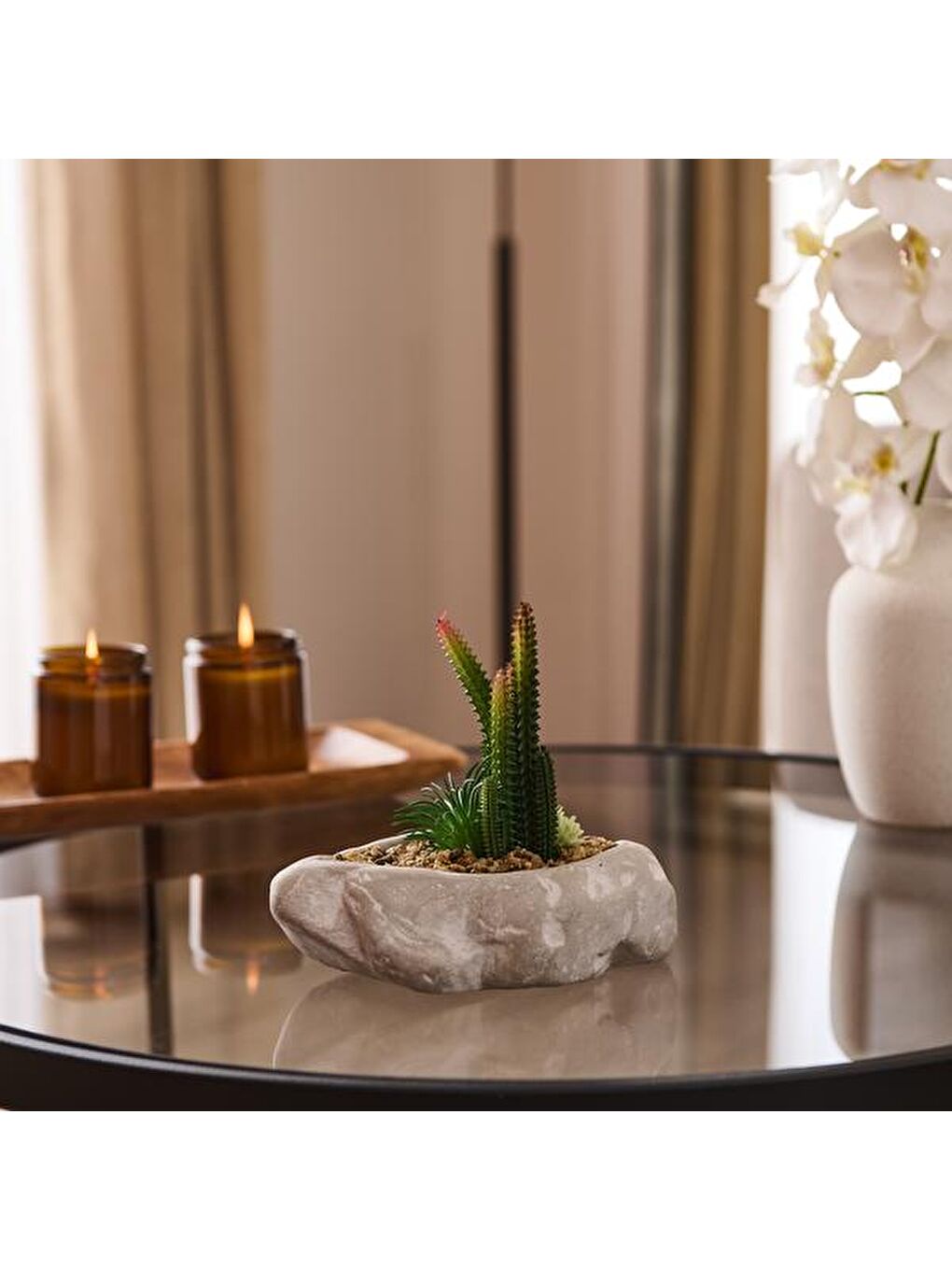 Beton Asimetrik Saksılı Yapay Kaktüs - Gri - 16x6x19 cm