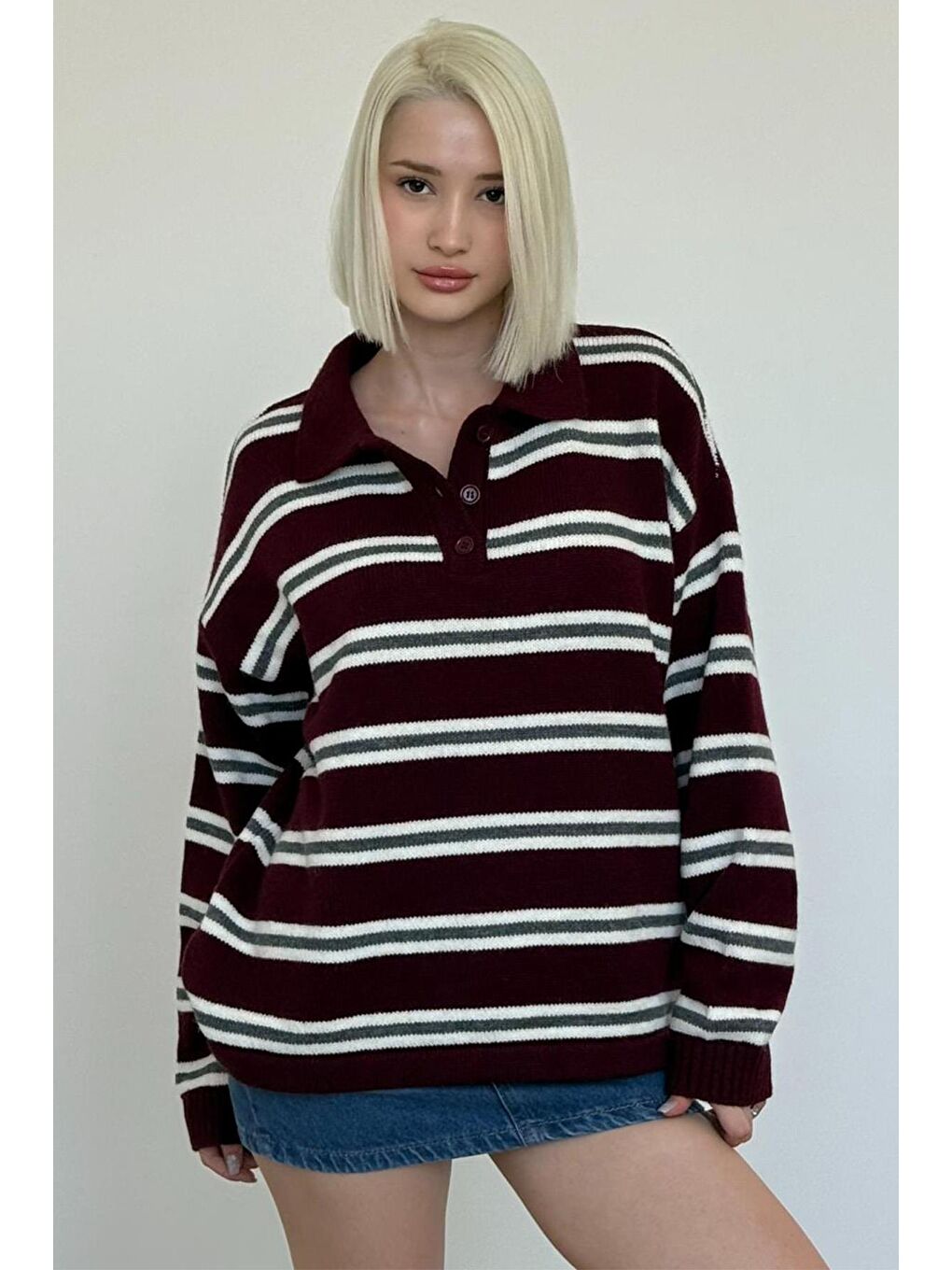 Bordo Polo Yaka Çizgili Kadın Triko Kazak Mg2469-2