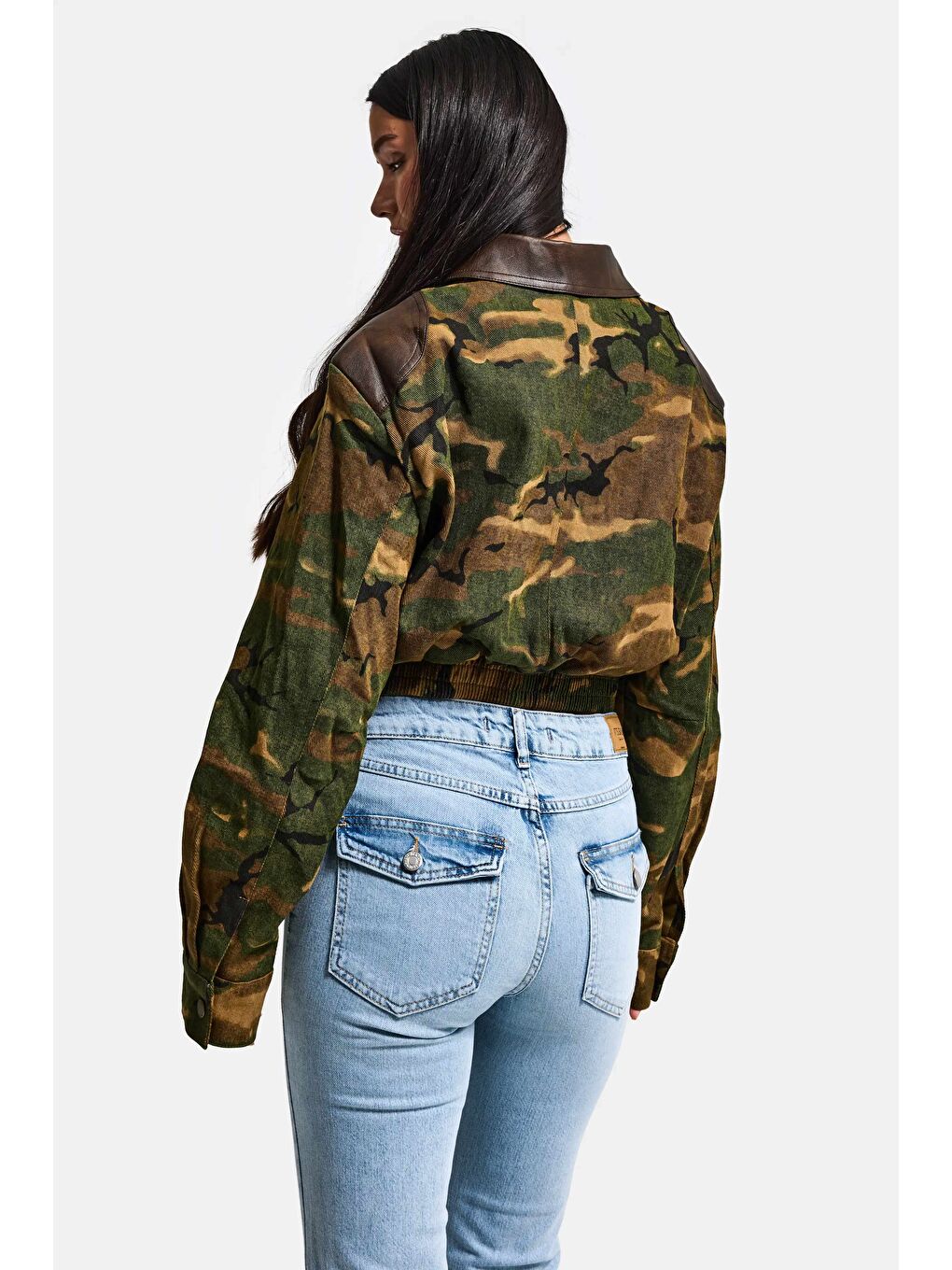 Kahverengi Kadın Kamuflaj w5 Bomber Deri Detaylı Özel Tasarım Kamuflaj Ceket-2