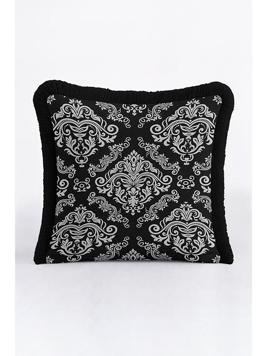 Karışık Barok Lüks Saçaklı Yastık Kılıfı - Asil Siyah Klasik Etnik Gri Püsküllü Kırlent Kılıfı-4