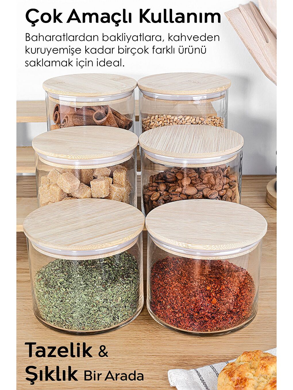 Renksiz 6'lı Bambu Kapak Cam Saklama Kabı Etiketli Vakum Kapaklı Erzak Baharat Cam Baharatlık 535 ml-2