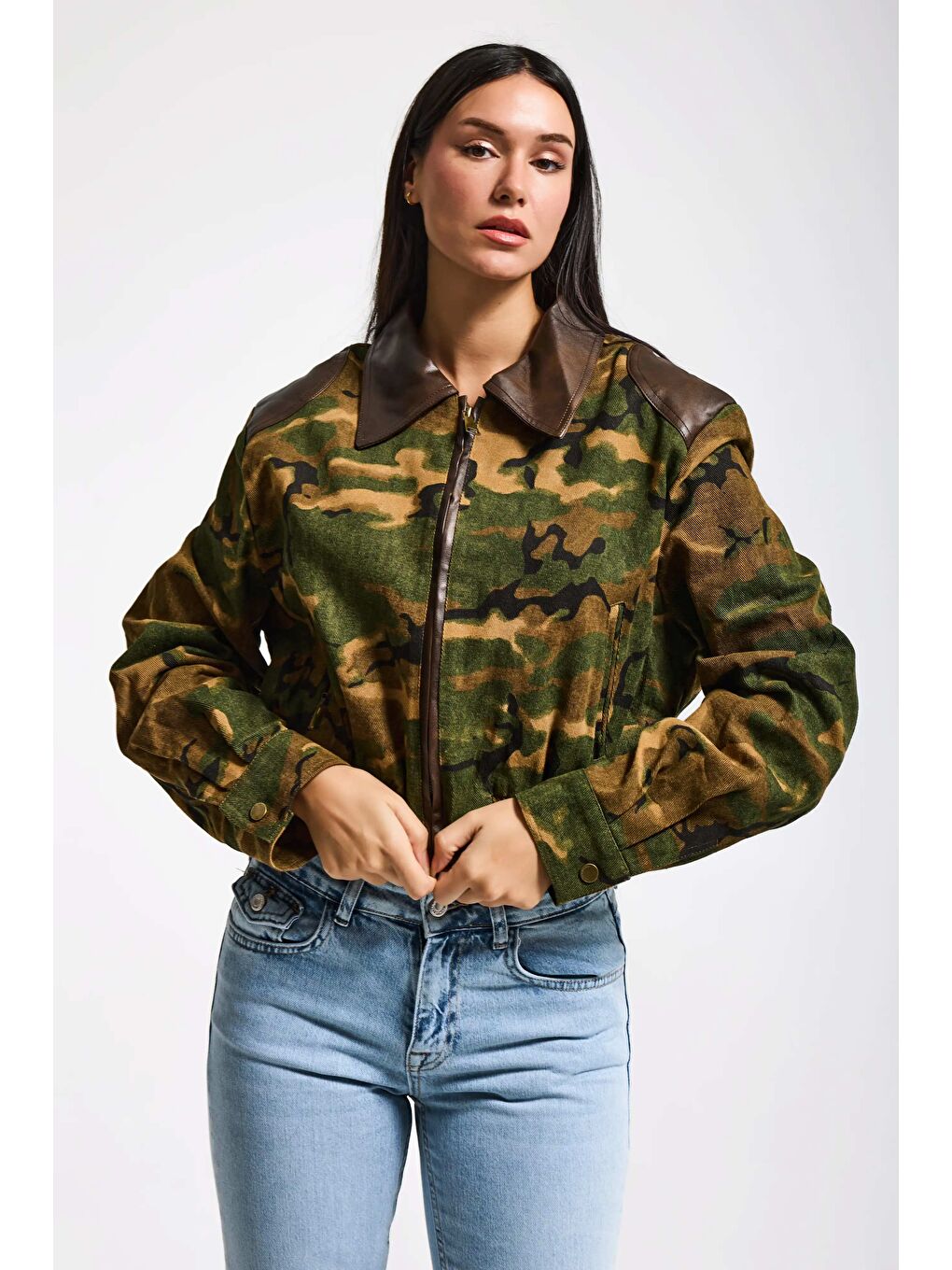 Kahverengi Kadın Kamuflaj w5 Bomber Deri Detaylı Özel Tasarım Kamuflaj Ceket-3