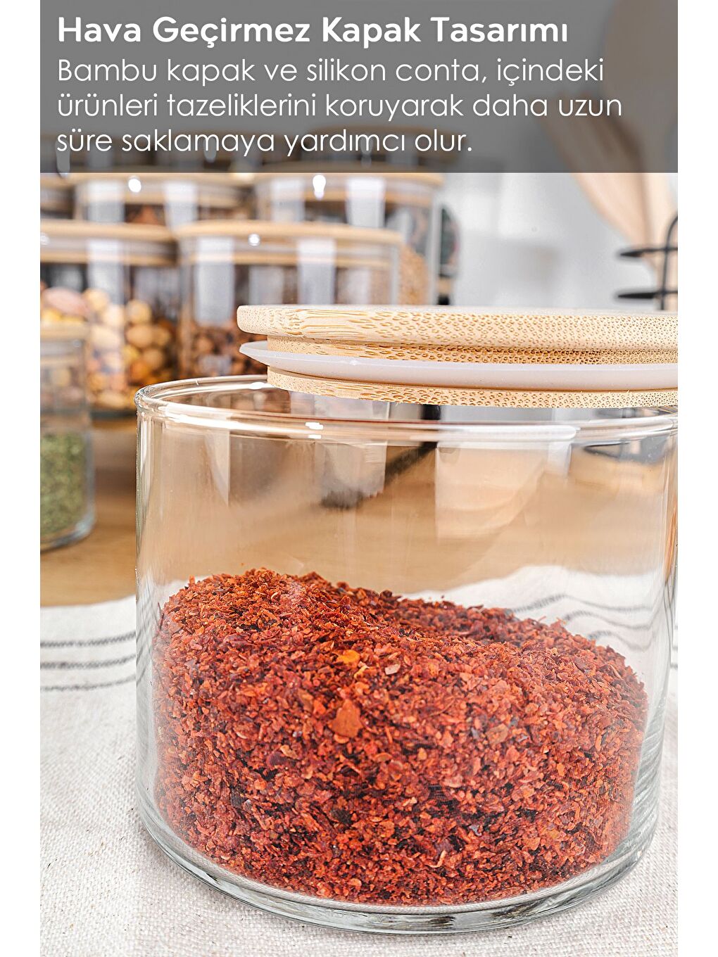 Renksiz 6'lı Bambu Kapak Cam Saklama Kabı Etiketli Vakum Kapaklı Erzak Baharat Cam Baharatlık 535 ml-4