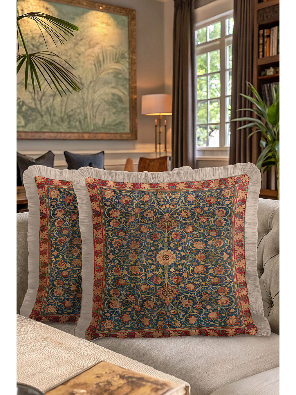 Karışık Saray Hareketli Saçaklı Yastık Kılıfı - Klasik Vintage Rustik Lacivert Gold Püsküllü Kırlent Kılıfı-7