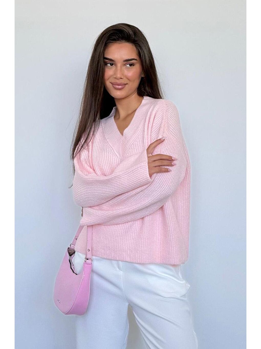 Pembe V Yaka Triko Kadın Kazak Mg2501-2