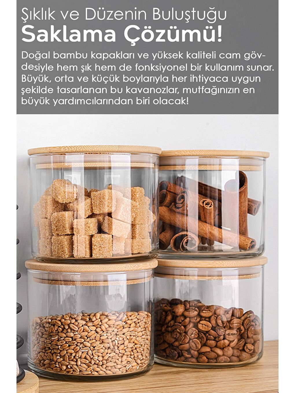 Renksiz 6'lı Bambu Kapak Cam Saklama Kabı Etiketli Vakum Kapaklı Erzak Baharat Cam Baharatlık 535 ml-5