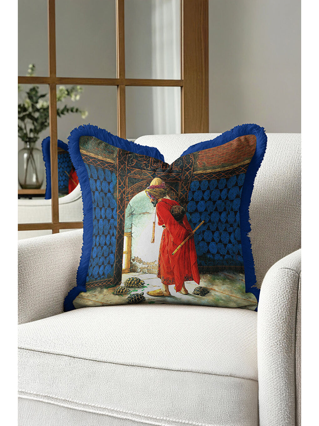 Karışık Şatafatlı Saray Figürlü Saçaklı Yastık Kılıfı - Osmanlı Etnik Mavi Gold Renk Püsküllü Kırlent Kılıfı-1