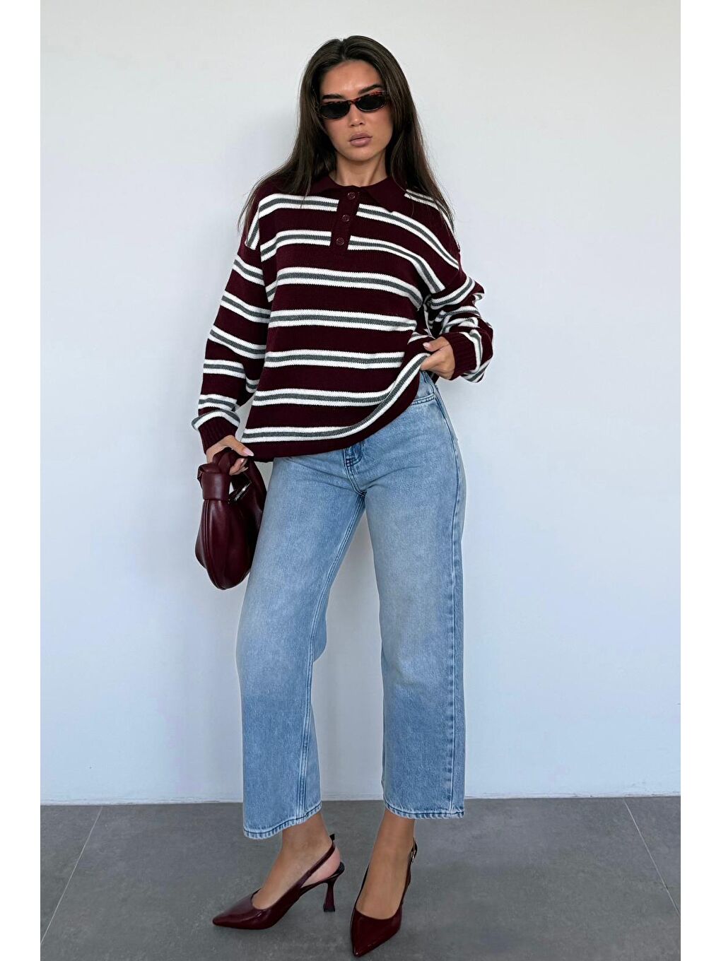 Bordo Polo Yaka Çizgili Kadın Triko Kazak Mg2469-3