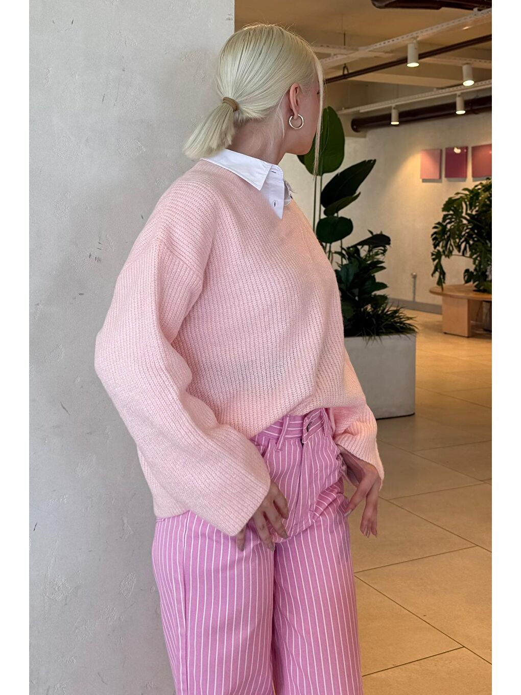 Pembe V Yaka Triko Kadın Kazak Mg2501-4