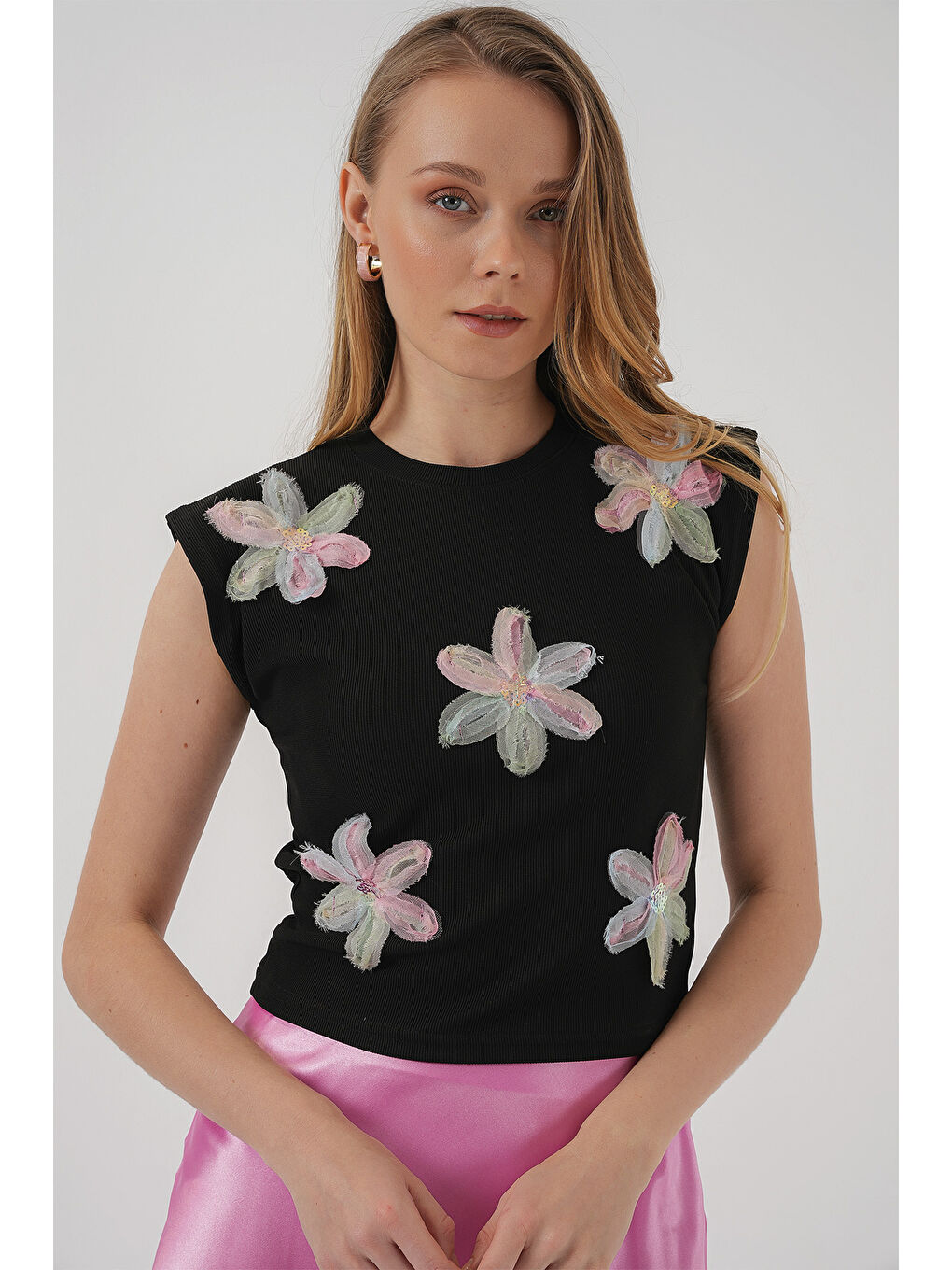 930 Kısa Kol Desenli Crop Bluz - Siyah