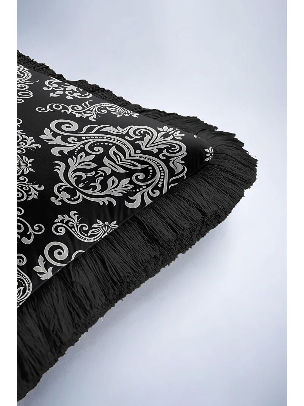 Karışık Barok Lüks Saçaklı Yastık Kılıfı - Asil Siyah Klasik Etnik Gri Püsküllü Kırlent Kılıfı-6