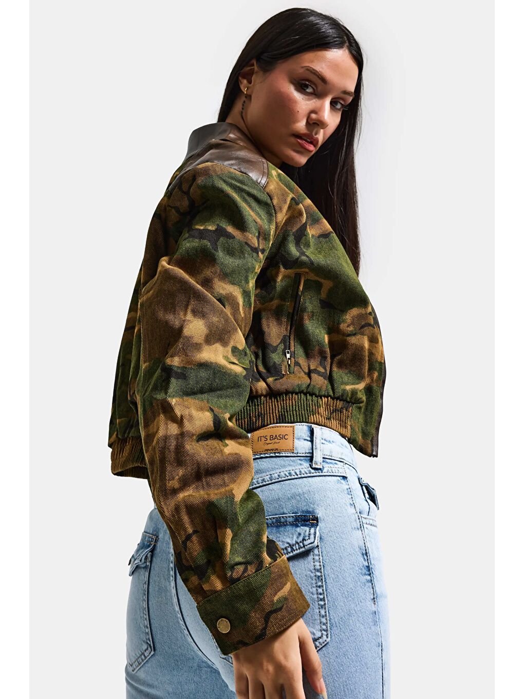 Kahverengi Kadın Kamuflaj w5 Bomber Deri Detaylı Özel Tasarım Kamuflaj Ceket-4