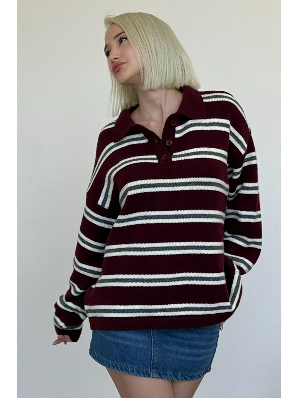 Bordo Polo Yaka Çizgili Kadın Triko Kazak Mg2469-5