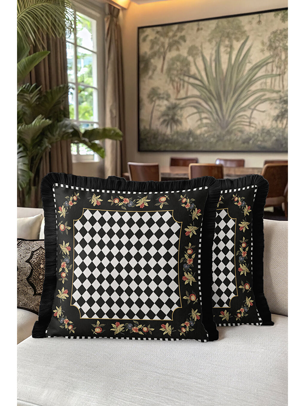 Karışık Lüks Elmas Motifli Saçaklı Yastık Kılıfı - Çiçek Bordürlü Klasik Glam Siyah Püsküllü Kırlent Kılıfı-5
