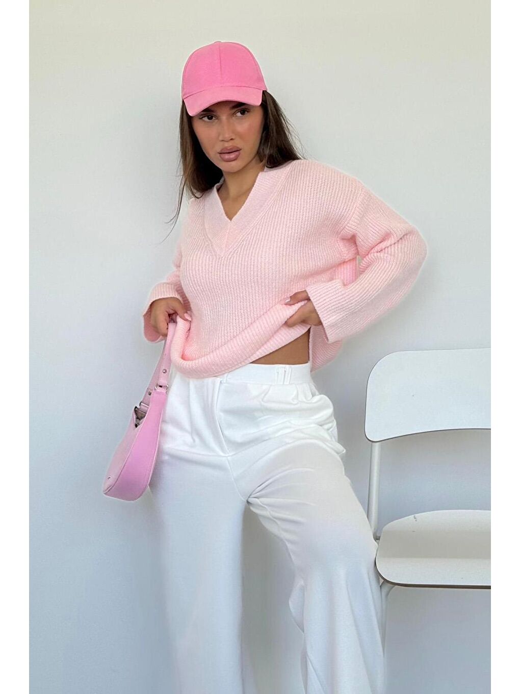 Pembe V Yaka Triko Kadın Kazak Mg2501-5